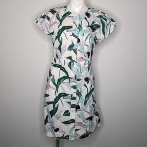 Tory Burch White Green Floral Cotton Button Up Short Sleeve Dress 6